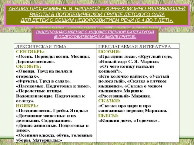 АНАЛИЗ ПРОГРАММЫ Н. В. НИЩЕВОЙ « КОРРЕКЦИОННО-РАЗВИВАЮЩЕЙ РАБОТЫ В ЛОГОПЕДИЧЕСКОЙ