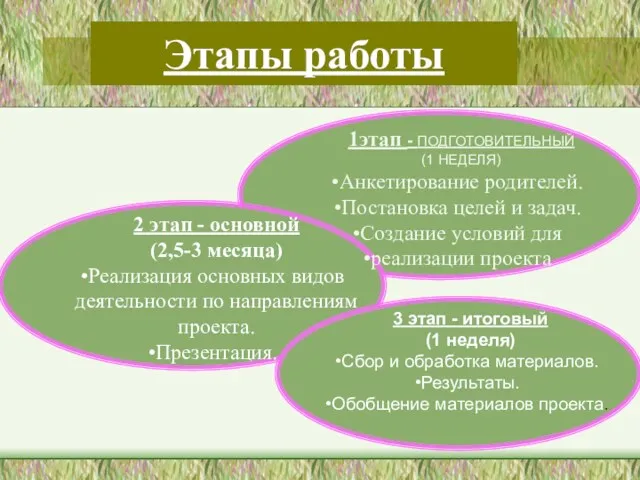 Этапы работы 1этап - ПОДГОТОВИТЕЛЬНЫЙ (1 НЕДЕЛЯ) Анкетирование родителей. Постановка