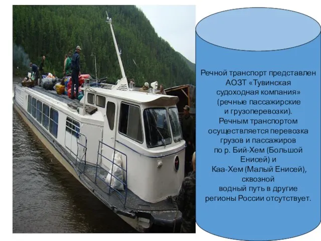 Речной транспорт представлен АОЗТ «Тувинская судоходная компания» (речные пассажирские и