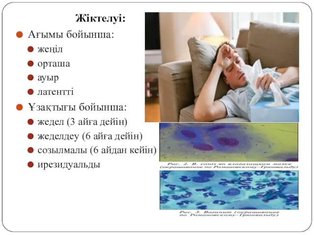 Жіктелуі: Ағымы бойынша: жеңіл орташа ауыр латентті Ұзақтығы бойынша: жедел (3 айға дейін)