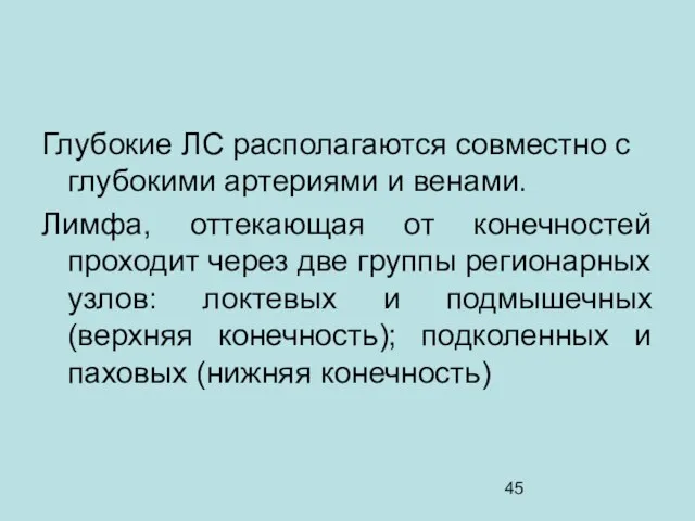 Глубокие ЛС располагаются совместно с глубокими артериями и венами. Лимфа,