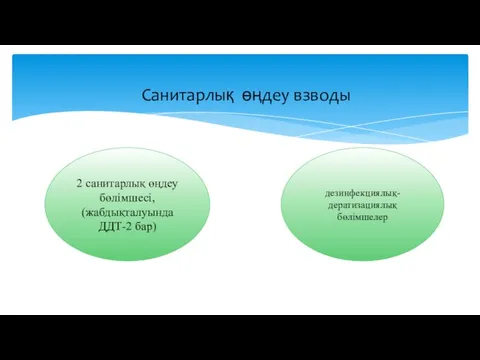 2 санитарлық өңдеу бөлімшесі, (жабдықталуында ДДТ-2 бар) дезинфекциялық-дератизациялық бөлімшелер Санитарлық өңдеу взводы