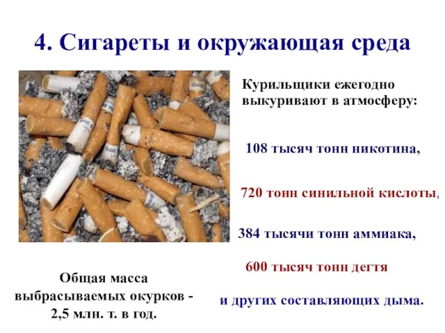 4. Сигареты и окружающая среда Общая масса выбрасываемых окурков -