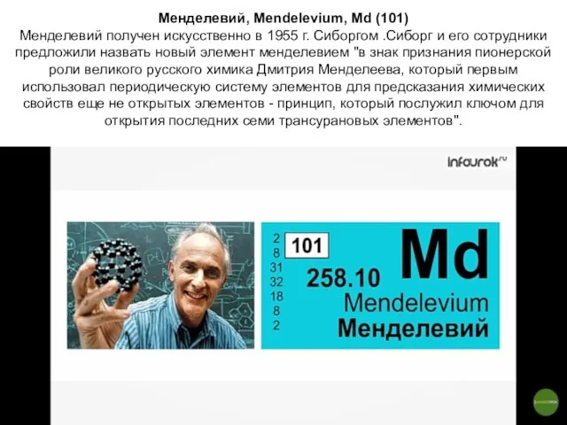 Менделевий, Mendelevium, Md (101) Менделевий получен искусственно в 1955 г.