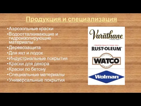 Продукция и специализация Аэрозольные краски Водоотталкивающие и гидроизолирующие материалы Деревозащита