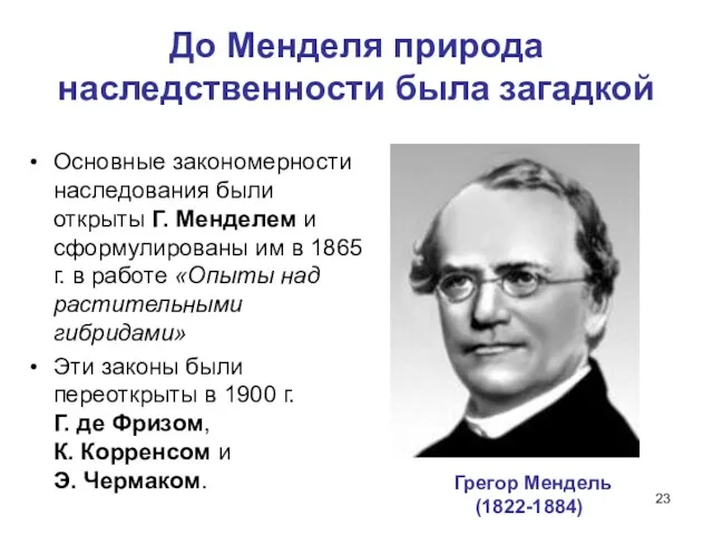 Основные закономерности наследования были открыты Г. Менделем и сформулированы им