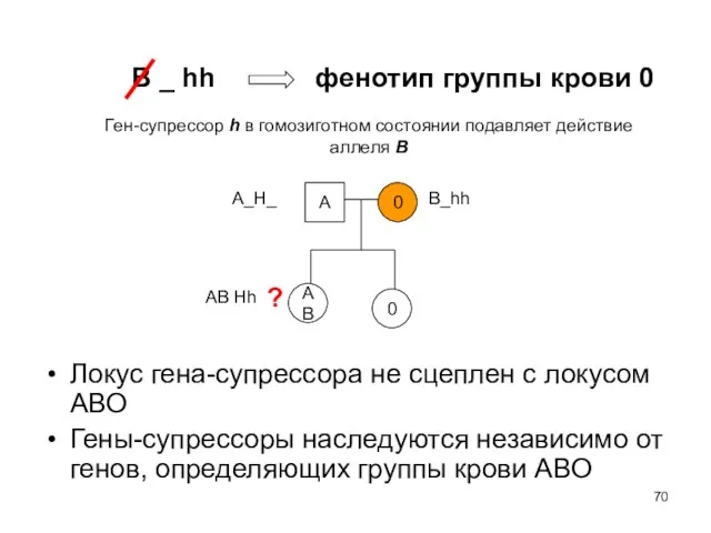 Локус гена-супрессора не сцеплен с локусом АВО Гены-супрессоры наследуются независимо