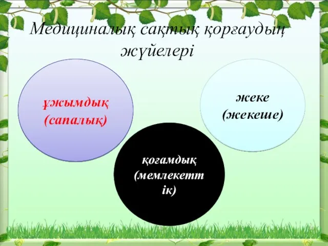 Медициналық сақтық қорғаудың жүйелері ұжымдық (сапалық) жеке (жекеше) қоғамдық (мемлекеттік)