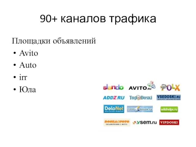 90+ каналов трафика Площадки объявлений Avito Auto irr Юла