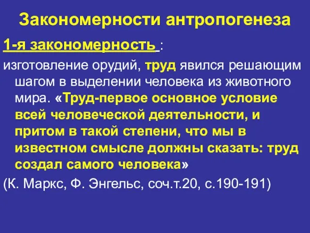 Закономерности антропогенеза 1-я закономерность : изготовление орудий, труд явился решающим