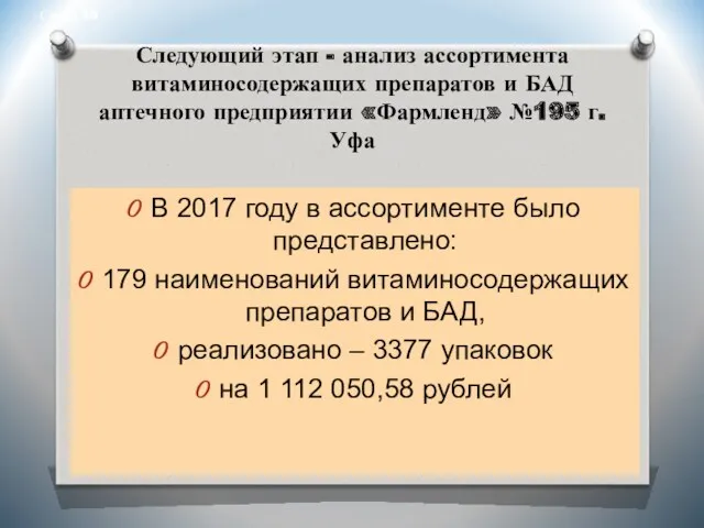 Следующий этап - анализ ассортимента витаминосодержащих препаратов и БАД аптечного