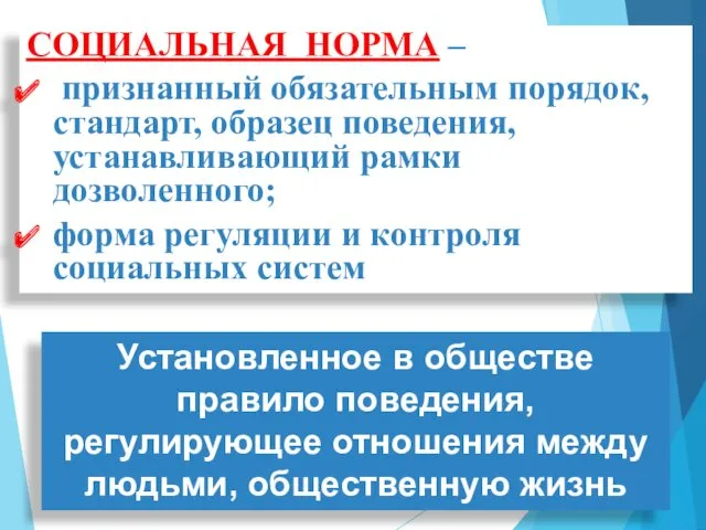 СОЦИАЛЬНАЯ НОРМА – признанный обязательным порядок, стандарт, образец поведения, устанавливающий