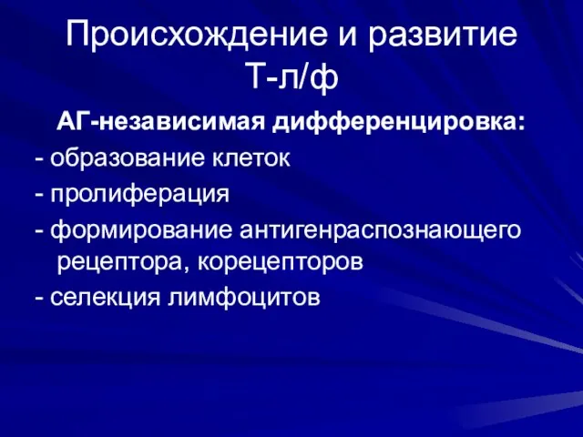 Происхождение и развитие Т-л/ф АГ-независимая дифференцировка: - образование клеток - пролиферация - формирование