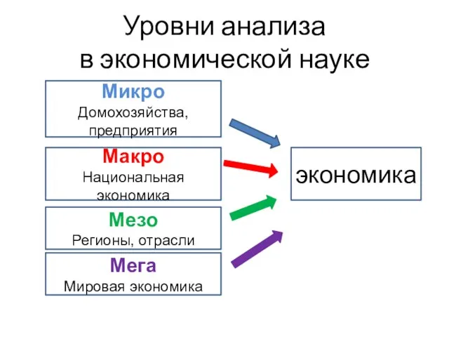 Уровни анализа в экономической науке Микро Домохозяйства, предприятия Макро Национальная