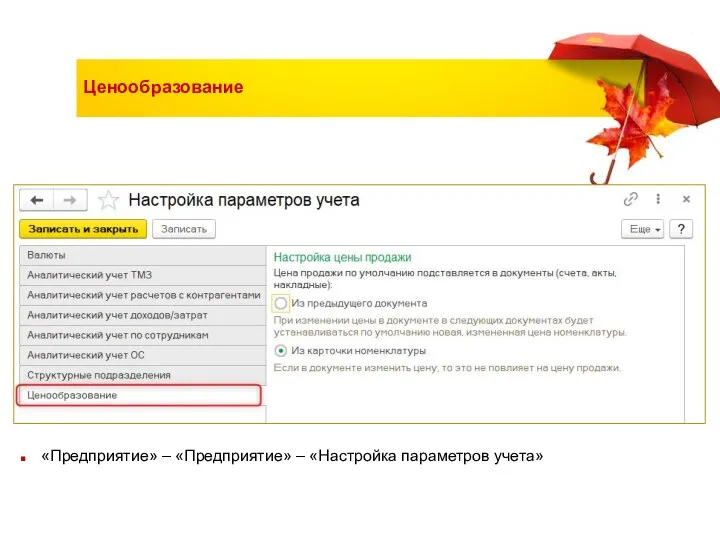 Ценообразование «Предприятие» – «Предприятие» – «Настройка параметров учета»