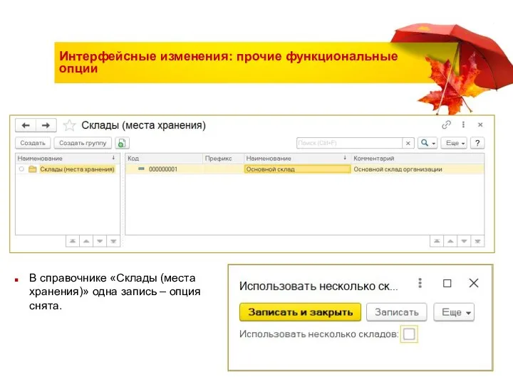 Интерфейсные изменения: прочие функциональные опции В справочнике «Склады (места хранения)» одна запись – опция снята.