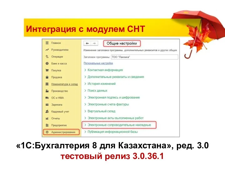 Интеграция с модулем СНТ «1С:Бухгалтерия 8 для Казахстана», ред. 3.0 тестовый релиз 3.0.36.1