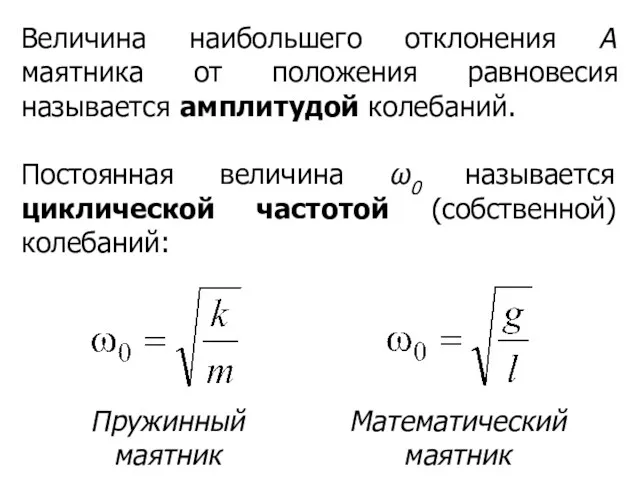 Величина наибольшего отклонения A маятника от положения равновесия называется амплитудой