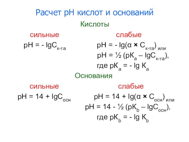 Расчет рН кислот и оснований Кислоты сильные слабые рН =