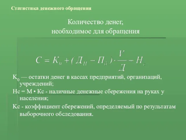 Статистика денежного обращения Количество денег, необходимое для обращения K0 —