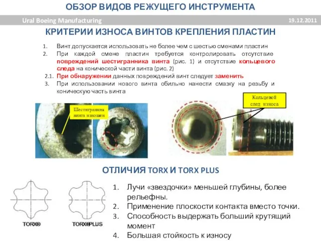 Шестигранник винта изношен Кольцевой след износа Винт допускается использовать не более чем с