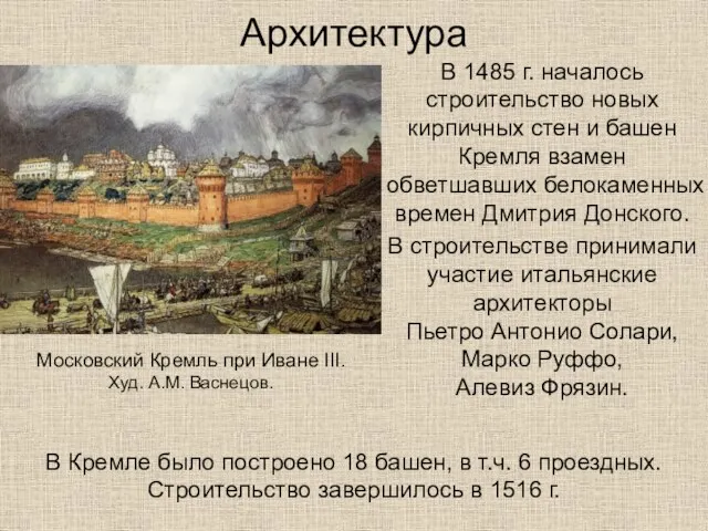 Архитектура В 1485 г. началось строительство новых кирпичных стен и башен Кремля взамен