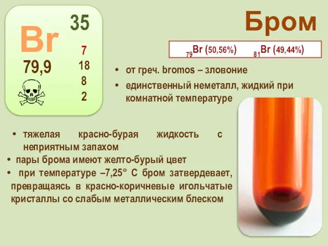 Бром от греч. bromos – зловоние единственный неметалл, жидкий при