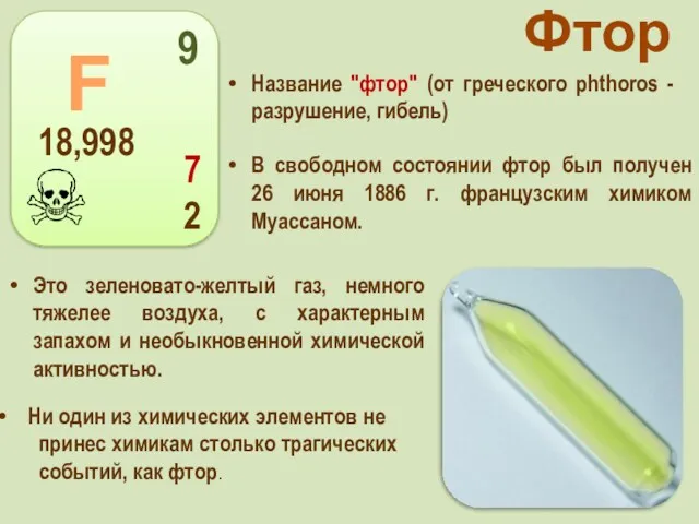 Фтор Название "фтор" (от греческого phthoros - разрушение, гибель) Ни