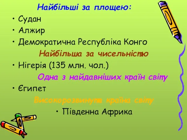Найбільші за площею: Судан Алжир Демократична Республіка Конго Найбільша за