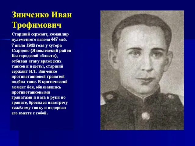 Зинченко Иван Трофимович Старший сержант, командир пулеметного взвода 447 мсб.