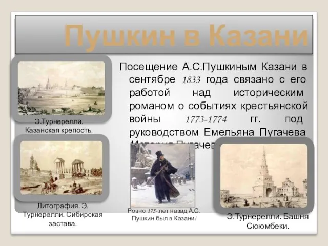 Пушкин в Казани Посещение А.С.Пушкиным Казани в сентябре 1833 года