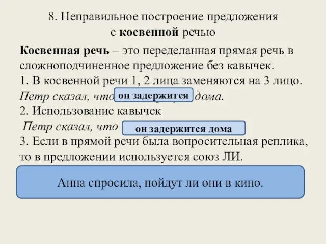 8. Неправильное построение предложения с косвенной речью Косвенная речь –