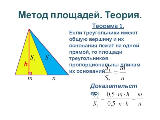 Метод площадей. Теория. Теорема 1. Если треугольники имеют общую вершину