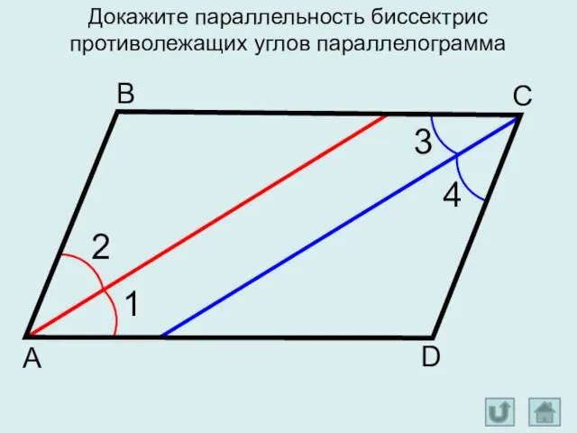 А D С В 1 2 3 4 Докажите параллельность биссектрис противолежащих углов параллелограмма