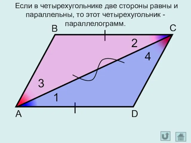 Если в четырехугольнике две стороны равны и параллельны, то этот четырехугольник - параллелограмм.