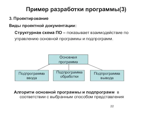 Пример разработки программы(3) 3. Проектирование Виды проектной документации: Структурная схема