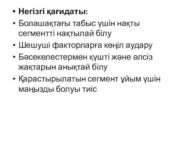 Негізгі қағидаты: Болашақтағы табыс үшін нақты сегментті нақтылай білу Шешуші