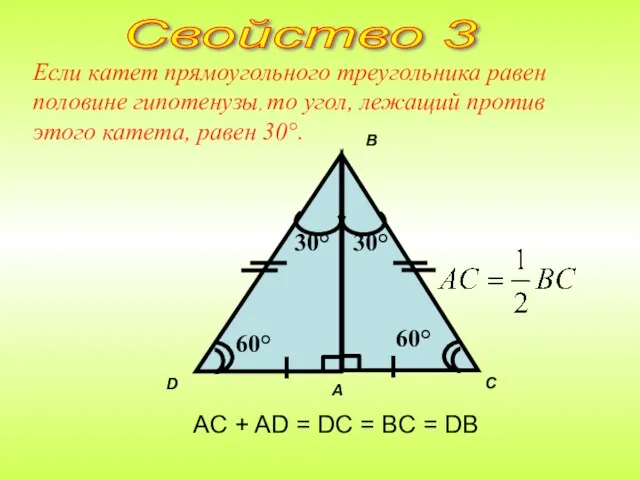 Если катет прямоугольного треугольника равен половине гипотенузы, то угол, лежащий