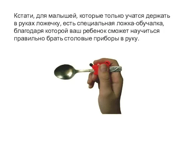 Кстати, для малышей, которые только учатся держать в руках ложечку, есть специальная ложка-обучалка,