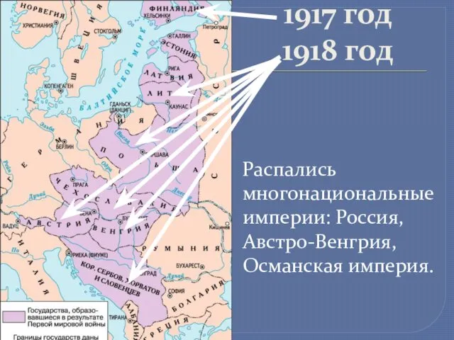 1917 год 1918 год Распались многонациональные империи: Россия, Австро-Венгрия, Османская империя.