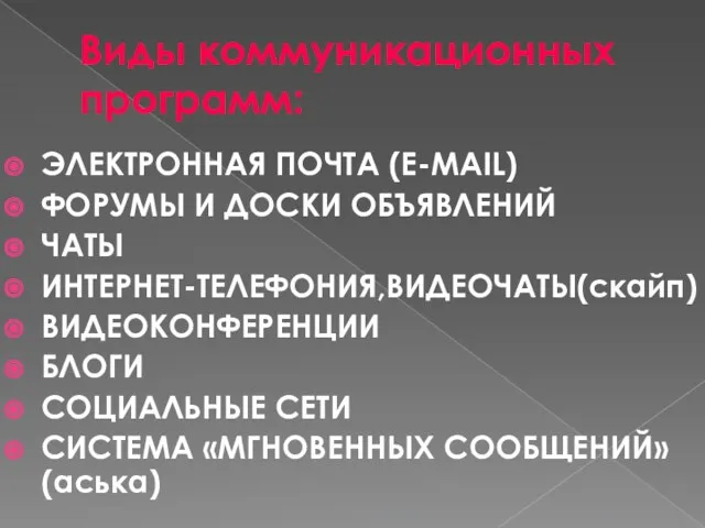 Виды коммуникационных программ: ЭЛЕКТРОННАЯ ПОЧТА (E-MAIL) ФОРУМЫ И ДОСКИ ОБЪЯВЛЕНИЙ