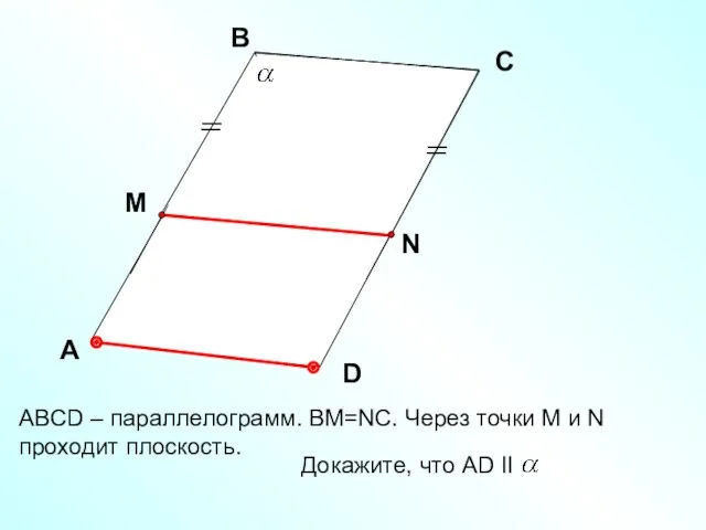 ABCD – параллелограмм. ВМ=NC. Через точки М и N проходит