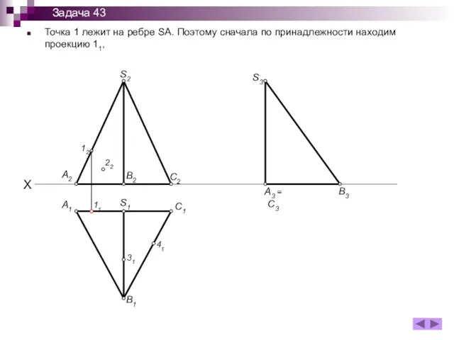 Точка 1 лежит на ребре SA. Поэтому сначала по принадлежности