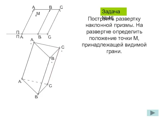 Построить развертку наклонной призмы. На развертке определить положение точки M,