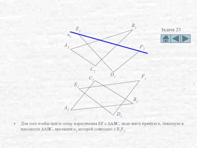 Для того чтобы найти точку пересечения EF с ΔABC, надо