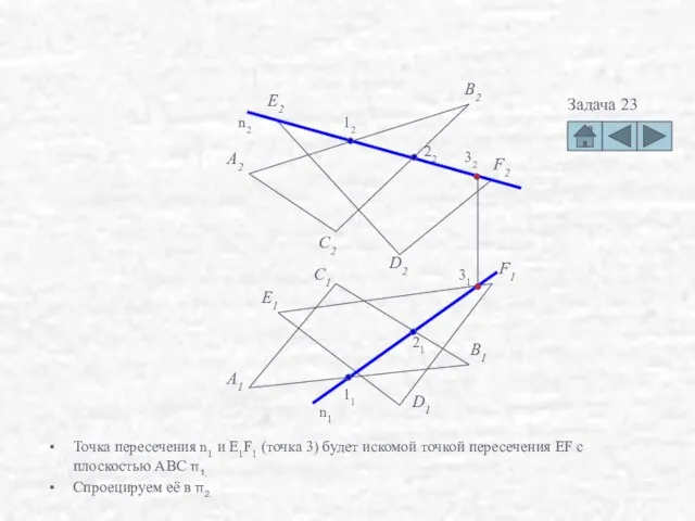 Точка пересечения n1 и E1F1 (точка 3) будет искомой точкой