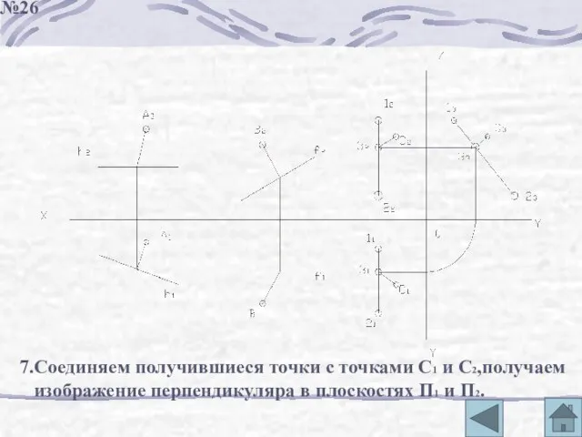 7.Соединяем получившиеся точки с точками С1 и С2,получаем изображение перпендикуляра в плоскостях П1 и П2. №26