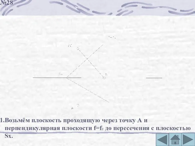 1.Возьмём плоскость проходящую через точку А и перпендикулярная плоскости f=f2 до пересечения с плоскостью Sx. №28