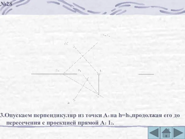 3.Опускаем перпендикуляр из точки А1 на h=h1,продолжая его до пересечения с проекцией прямой А2 12. №28