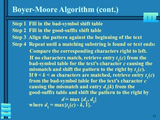 Boyer-Moore Algorithm (cont.) Step 1 Fill in the bad-symbol shift